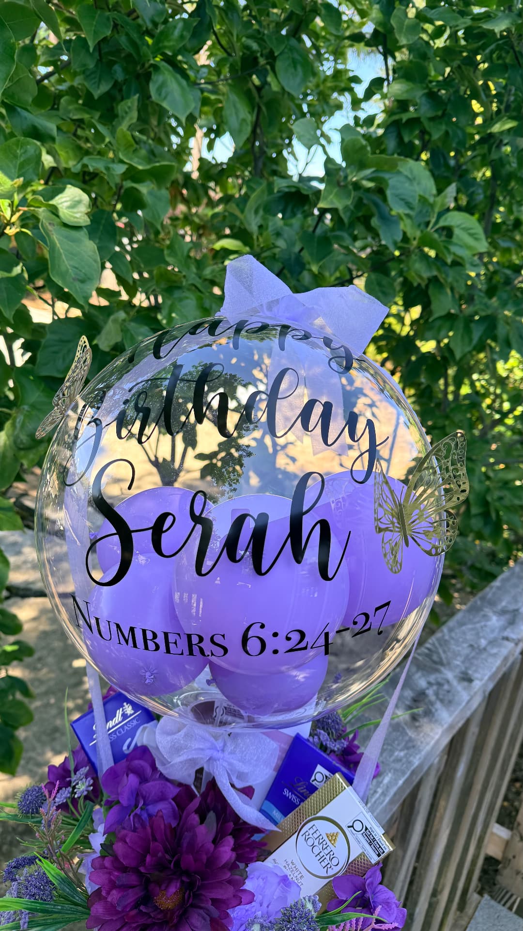 Purple Happy Birthday Serah balloon box with chocolates